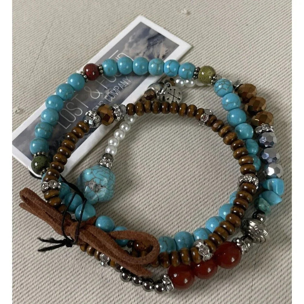 Lost‎ & Found Trading Company 3 Strand Bracelet Turquoise Wood Beads Stretch NEW
